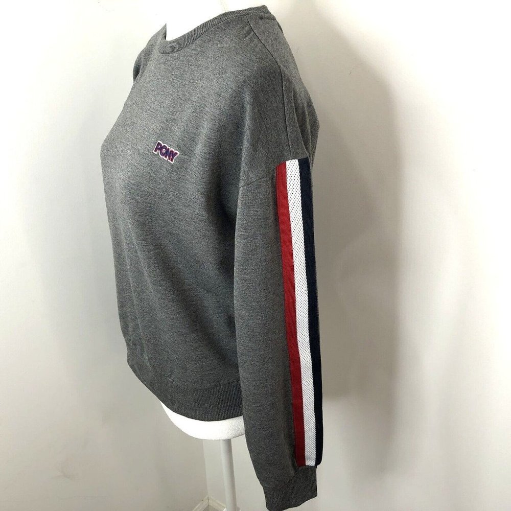 Pony Sportswear Sweatshirt Small Logo Crewneck Gray Stripe Sleeve Streetwear